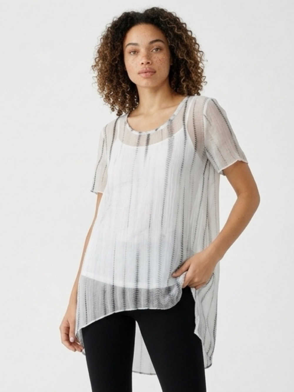 Eileen Fisher White Sheer Striped High-Low Tunic - Picture 2 of 10